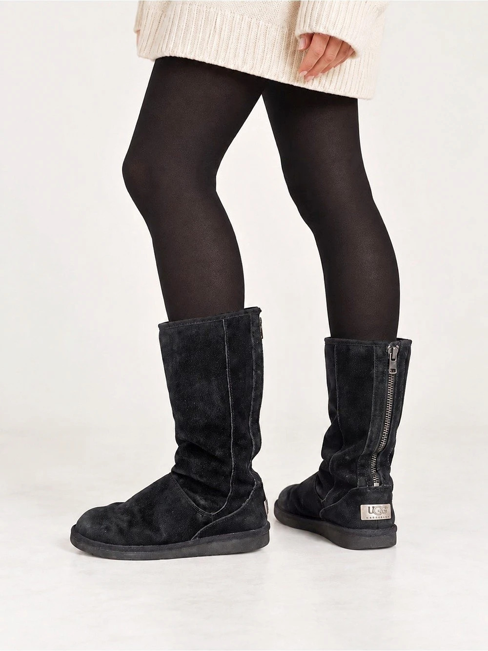 UGG Australia Black Suede Tall Boots Women’s 10 Sheepskin Lined Back Zip